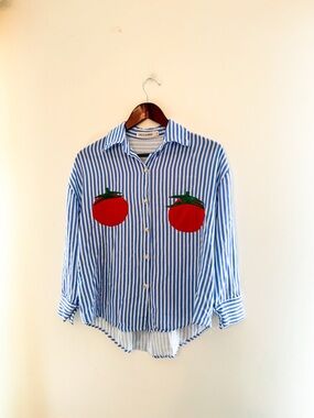 Upcycled Tomato Appliqué Blue and White Shirt